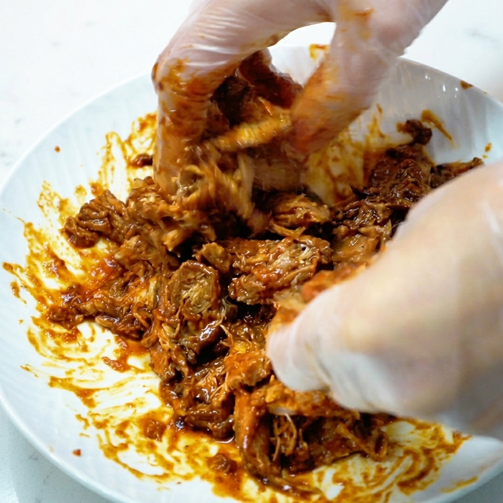 Nahaufnahme von behandschuhten Händen, die gewürztes geräuchertes Fleisch auf einem weißen Teller zupfen.