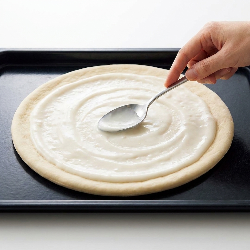 Ein Löffel verteilt glatte Béchamelsauce auf einem rohen Pizzateigboden.