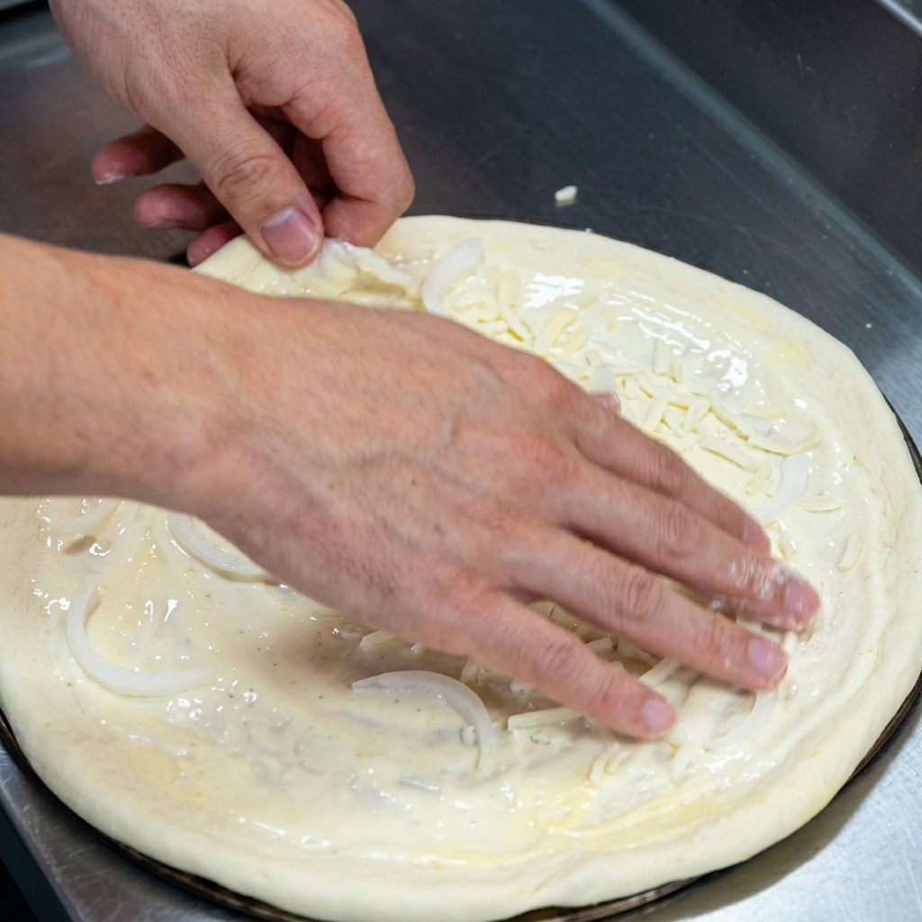 Zwiebelscheiben werden auf einem Pizzateig platziert, der bereits mit Sauce und einer Schicht geriebenem Käse bedeckt ist.
