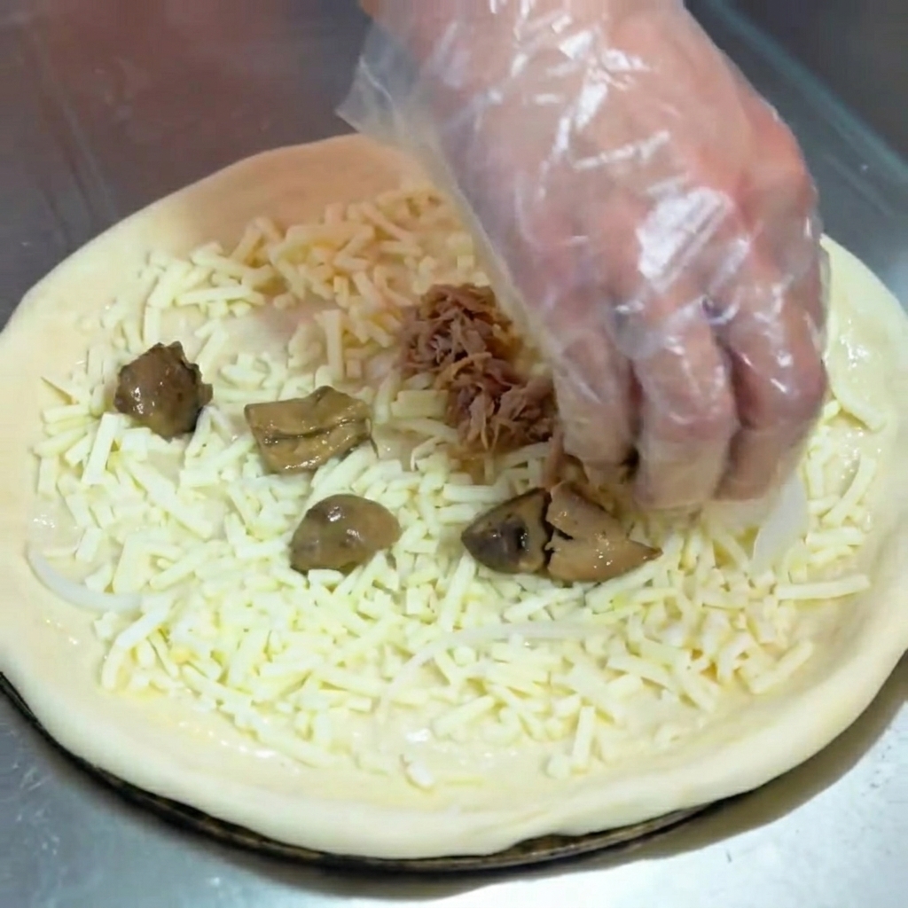 Pilze und Pulled Pork werden auf der mit Käse belegten Pizza verteilt.