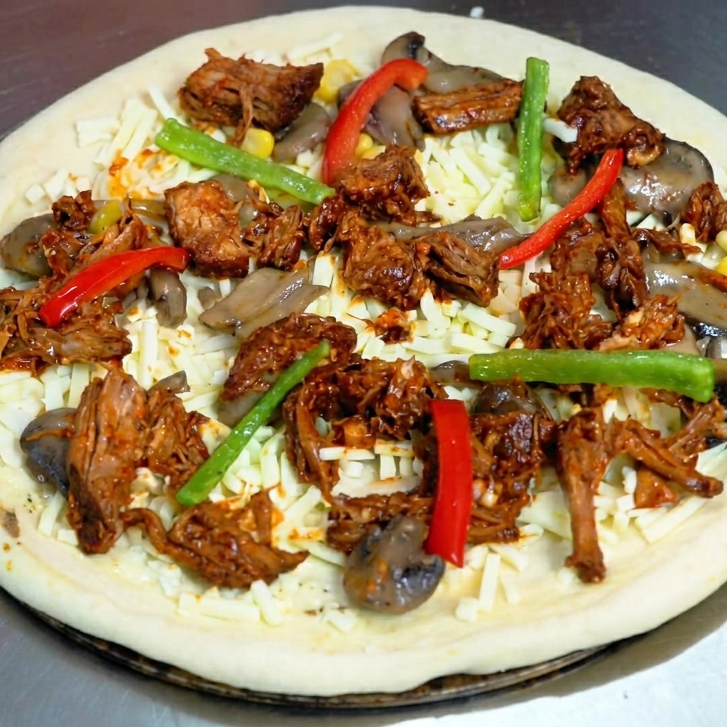 Eine mit Paprika, Mais und einer letzten Schicht geriebenem Käse belegte Pizza, bereit für den Ofen.