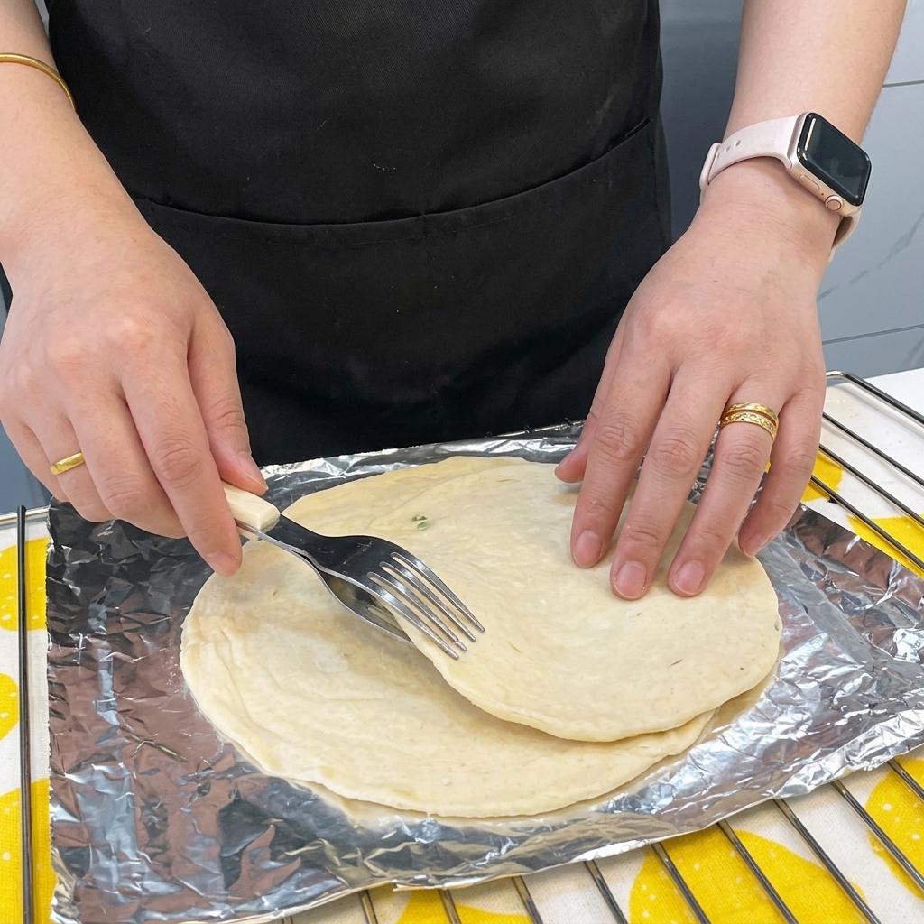 Zwei gestapelte Frühlingszwiebel-Pfannkuchen, die mit einer Gabel gleichmäßig eingestochen werden.