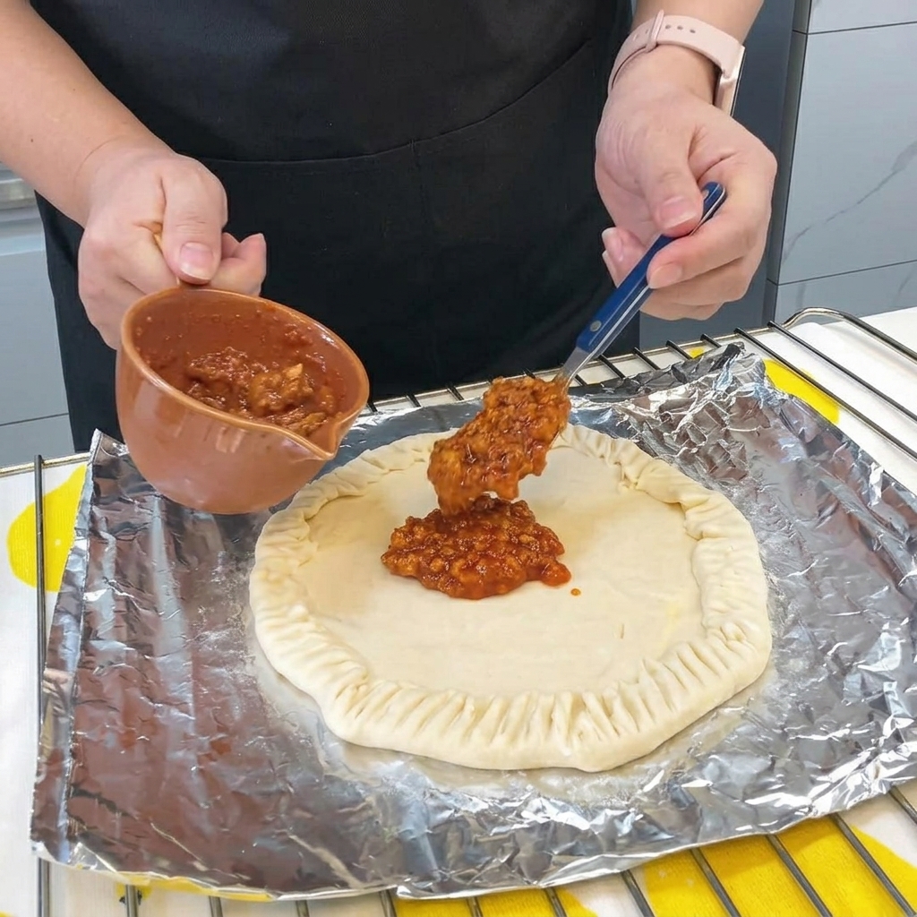 Ein Löffel herzhafte Bolognese-Soße wird in der Mitte des Pfannkuchenbodens verteilt.