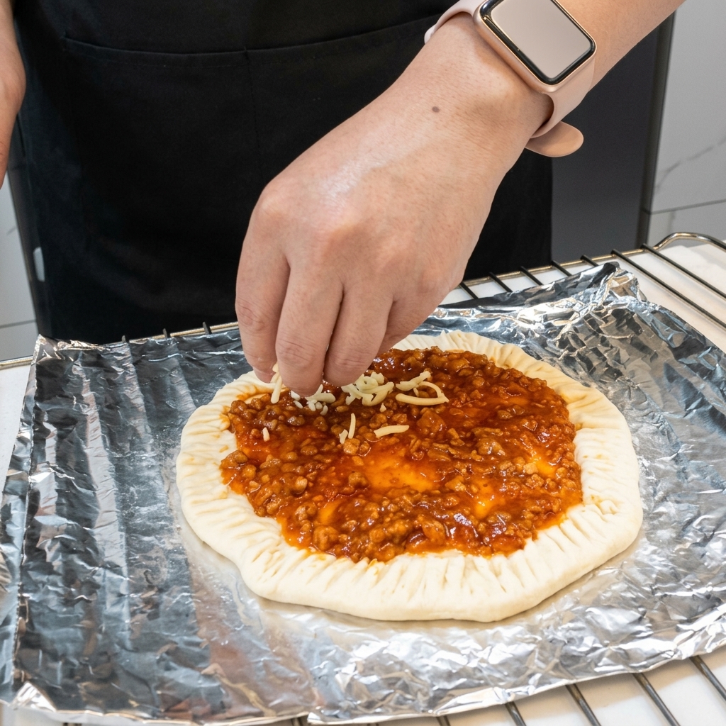 Hand bestreut den soßenbedeckten Pfannkuchenboden mit geriebenem Mozzarella.
