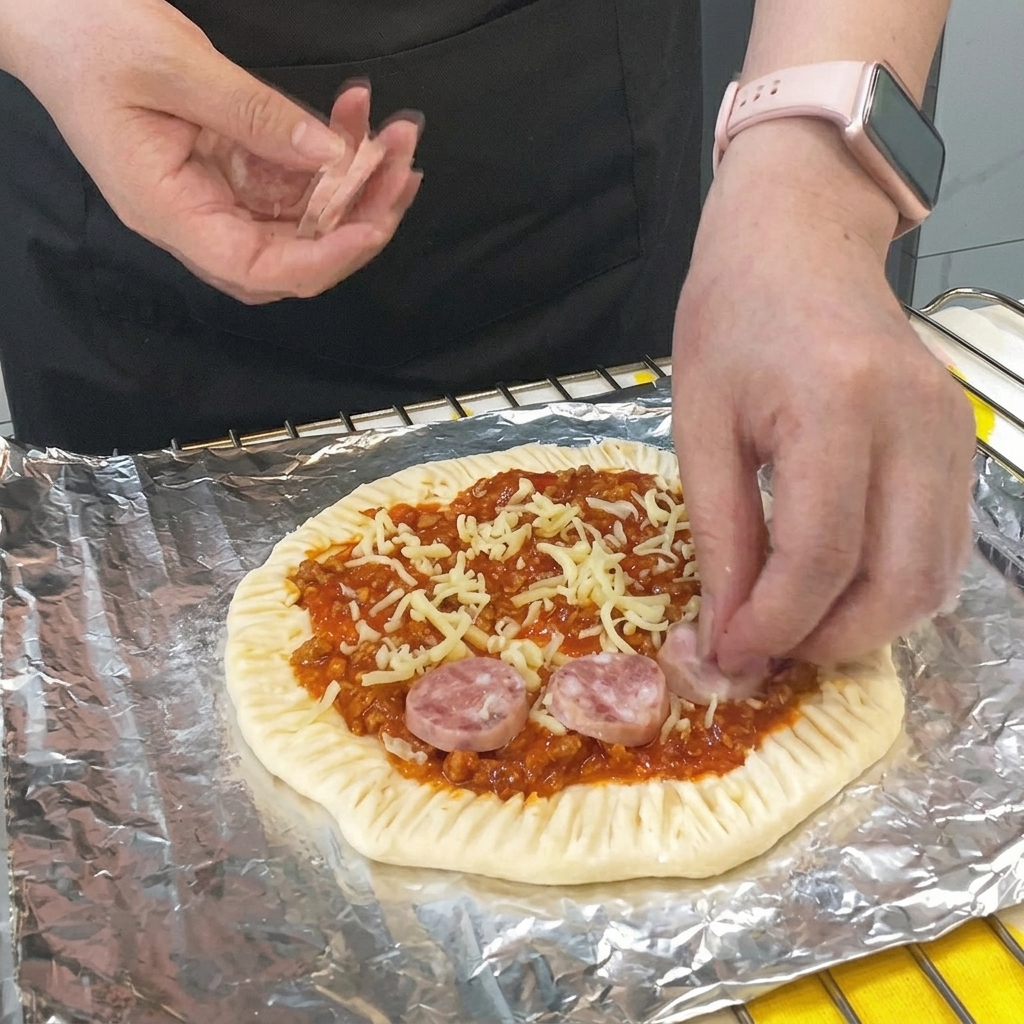 Wurstscheiben werden in einem kreisförmigen Muster auf die Käseschicht gelegt.