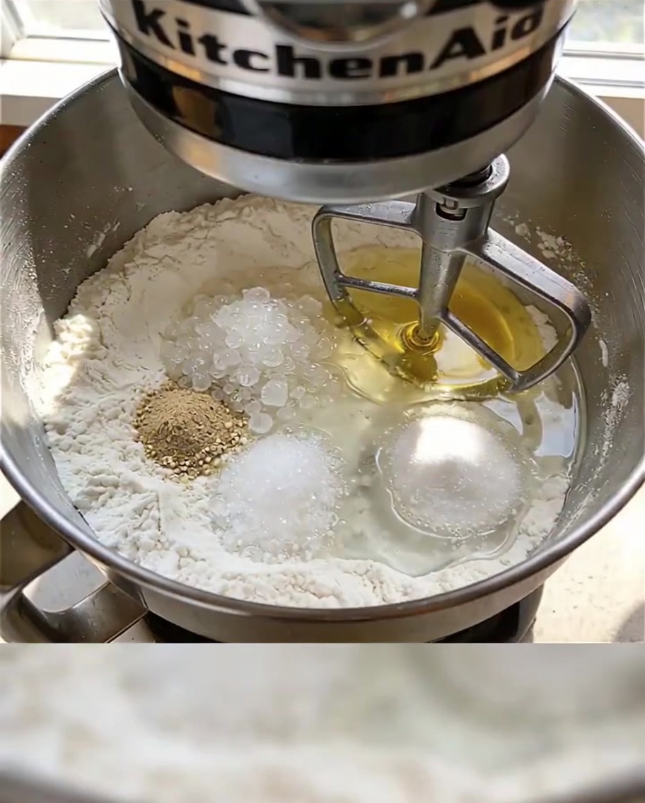 Nahaufnahme einer Rührschüssel mit Mehl, Hefe, Zucker, Salz, Wasser und Olivenöl, kurz vor dem Knetvorgang.