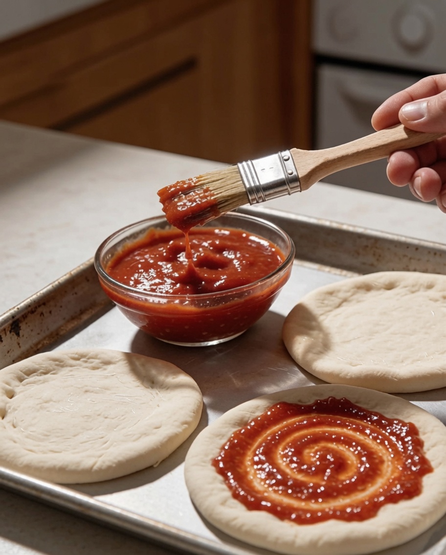 Ein Backpinsel bestreicht einen ausgerollten Pizzateig auf einem Backblech mit Tomatensoße.