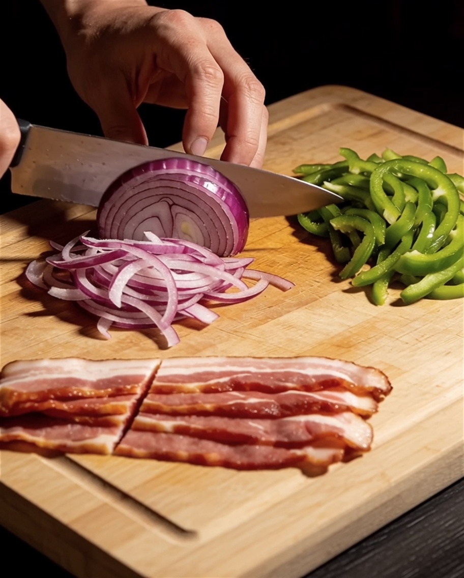 Auf einem Holzbrett liegen in Streifen geschnittene Zwiebeln, grüne Paprika und Baconstücke bereit.