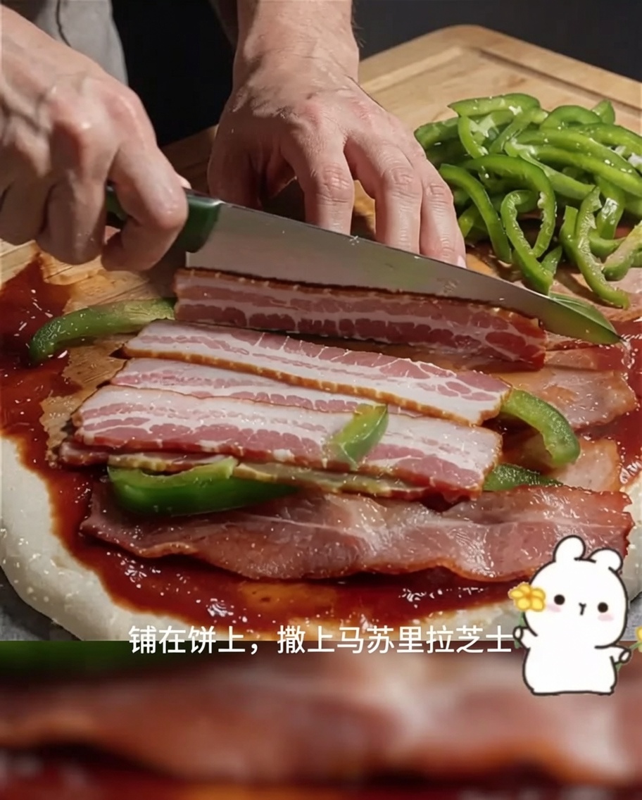 Ein Pizzateig mit Bacon, Paprika und Zwiebeln, auf den gerade der geriebene Mozzarella gestreut wird.