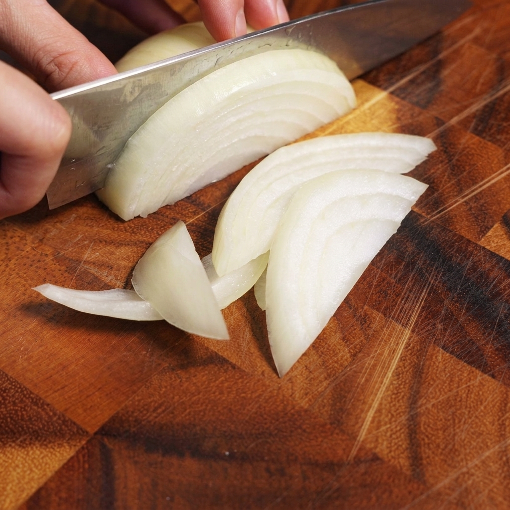 Streifen einer weißen Zwiebel auf einem Holzschneidebrett.