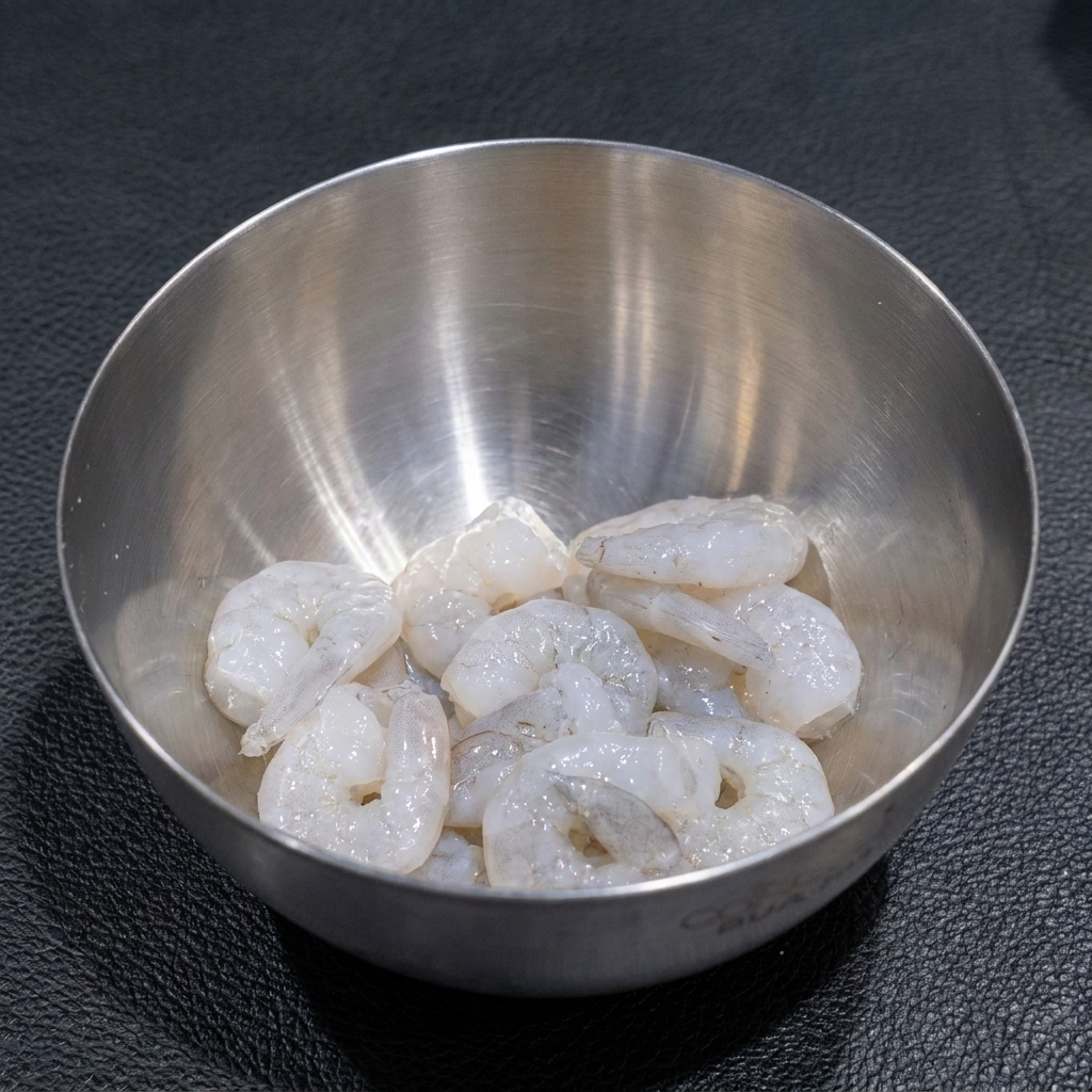 Frische, geputzte Garnelen in einer Metallschüssel, bestreut mit Salz und Pfeffer.