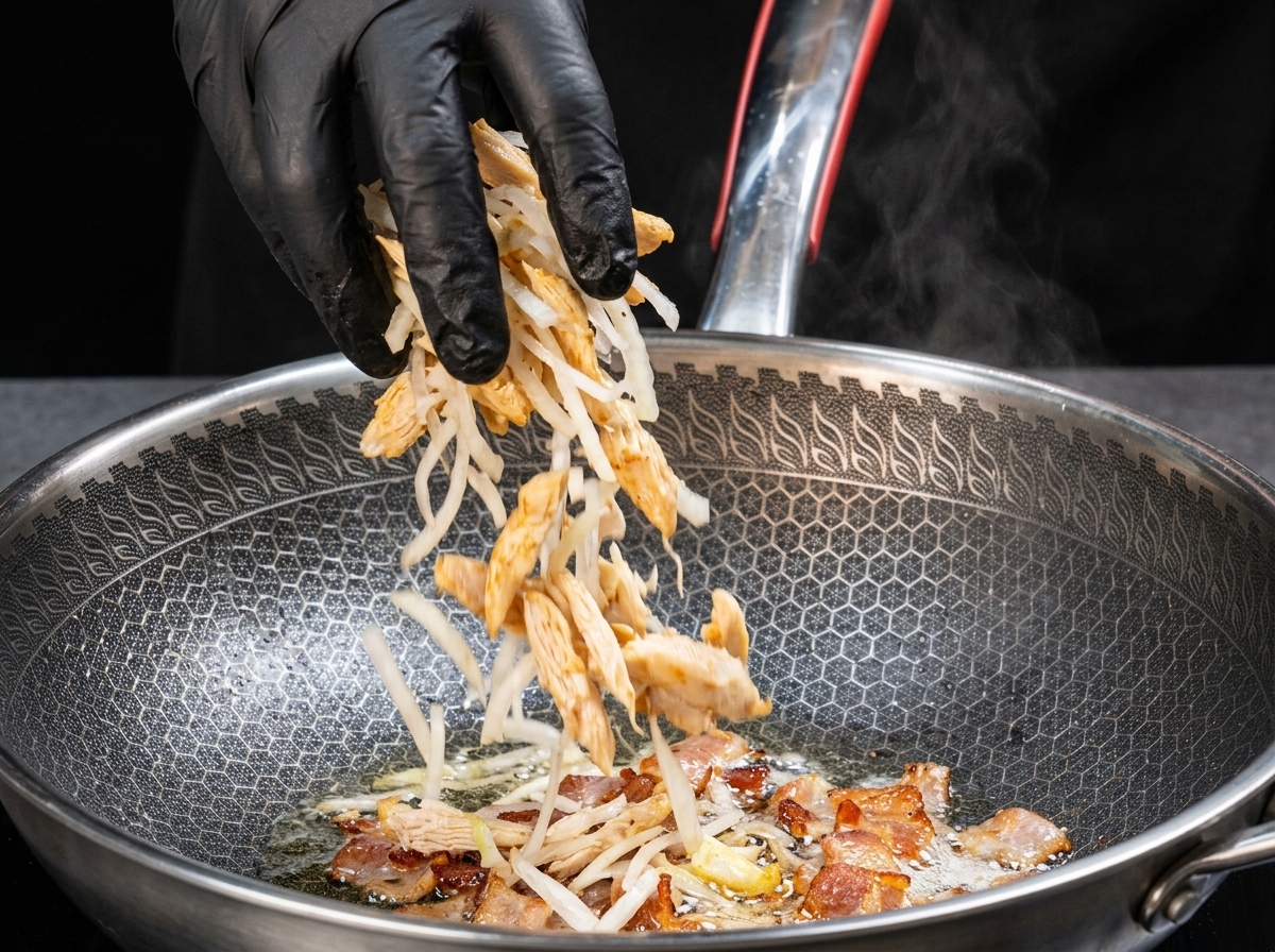 Garnelen, Zwiebeln und Gemüse werden in die Pfanne mit dem gebratenen Speck gegeben.