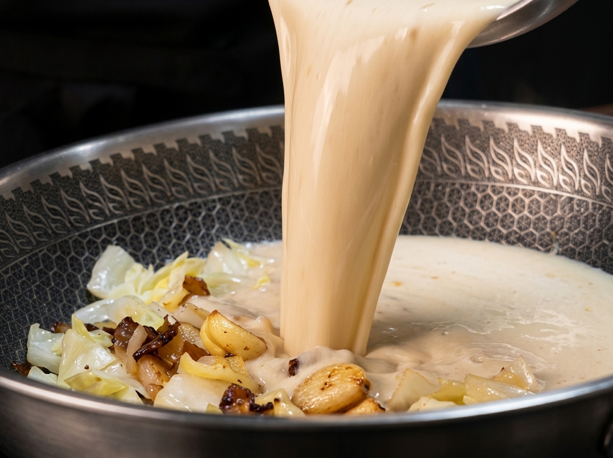 Die cremige Suppenbasis wird in eine Pfanne mit angebratenem Gemüse, Garnelen und Speck gegossen.