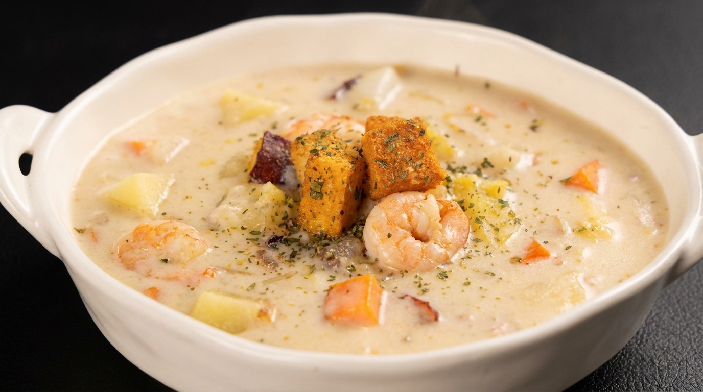 Eine weiße Schüssel gefüllt mit cremiger Meeresfrüchte-Chowder, garniert mit goldbraunen Croutons und einer Prise getrockneter Kräuter.