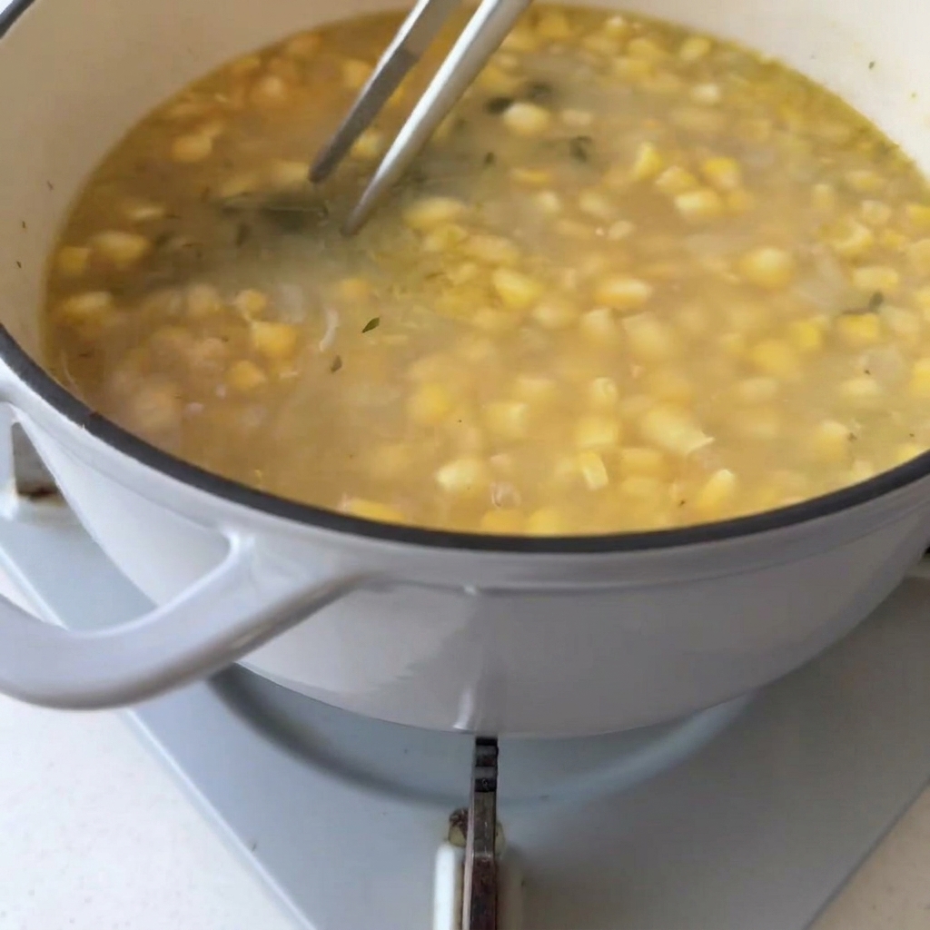 Eine Metallzange zieht einen Thymianzweig aus einem Topf mit Gemüsesuppe.
