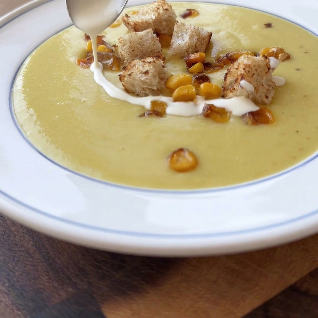 Eine angerichtete Schüssel mit cremiger Maissuppe, getoppt mit gerösteten Brotwürfeln und Maiskörnern, wird mit einem Schuss Sahne garniert.