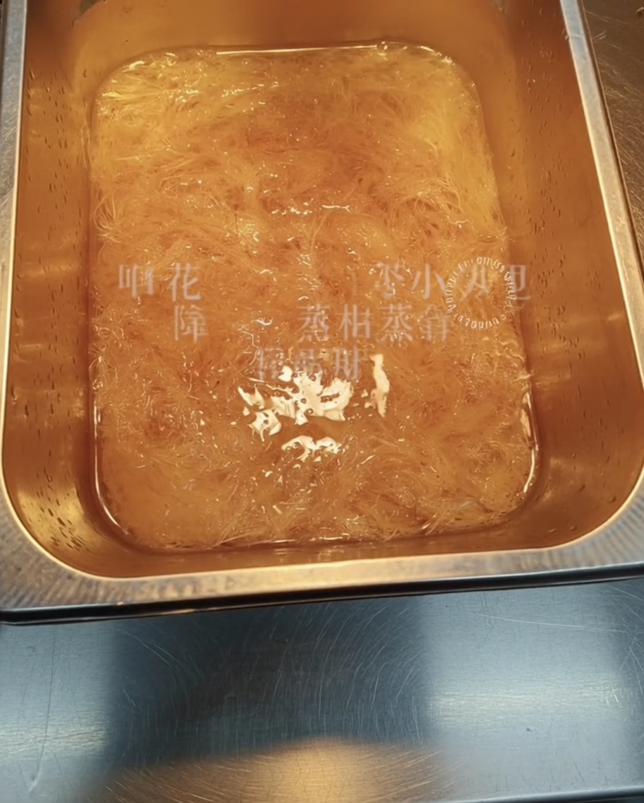Nahaufnahme von getrockneten, faserigen Agar-Agar-Strängen in einem Behälter mit Wasser.