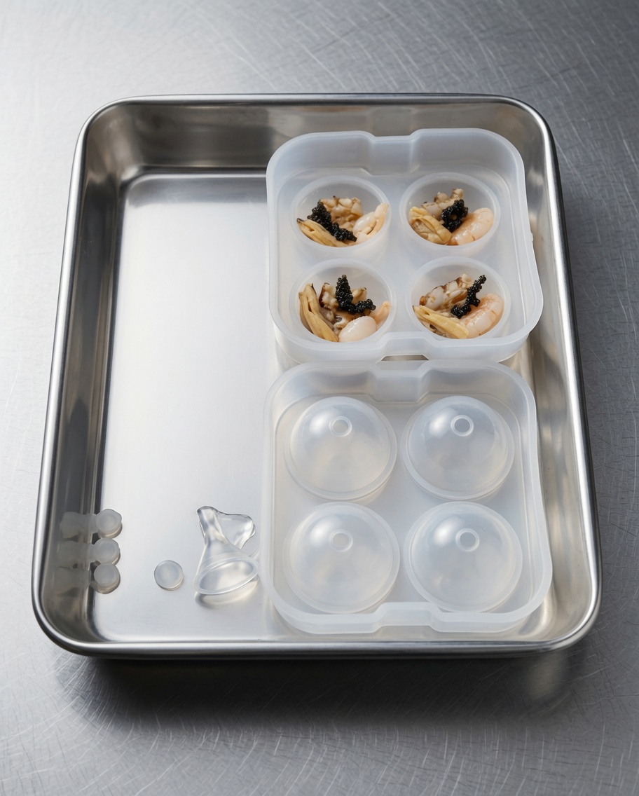 Eine Silikonform mit kugelförmigen Fächern wird mit Stücken von gekochten Garnelen und Meeresfrüchten gefüllt.