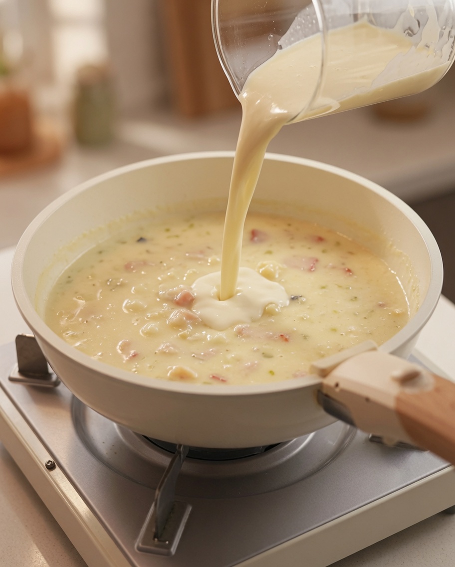 Sahne wird in die Suppe gegossen und untergerührt.