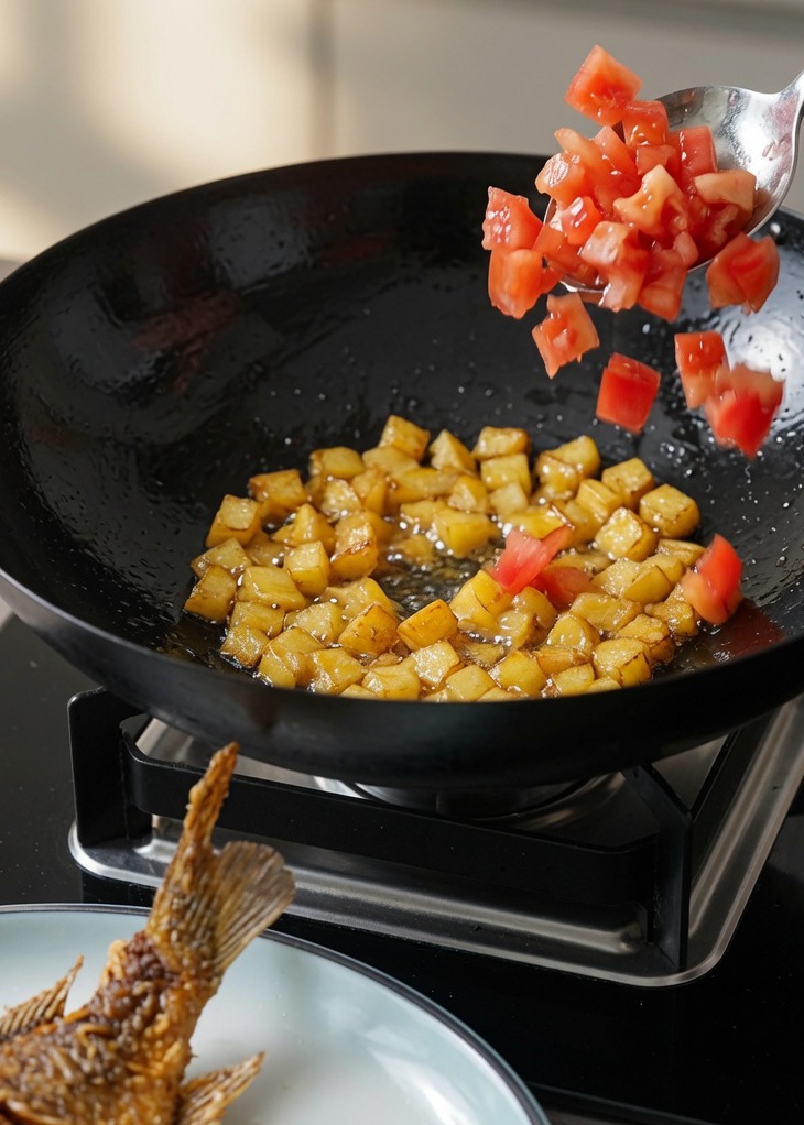Gewürfelte Tomaten und Kartoffeln werden zusammen im Wok angebraten.
