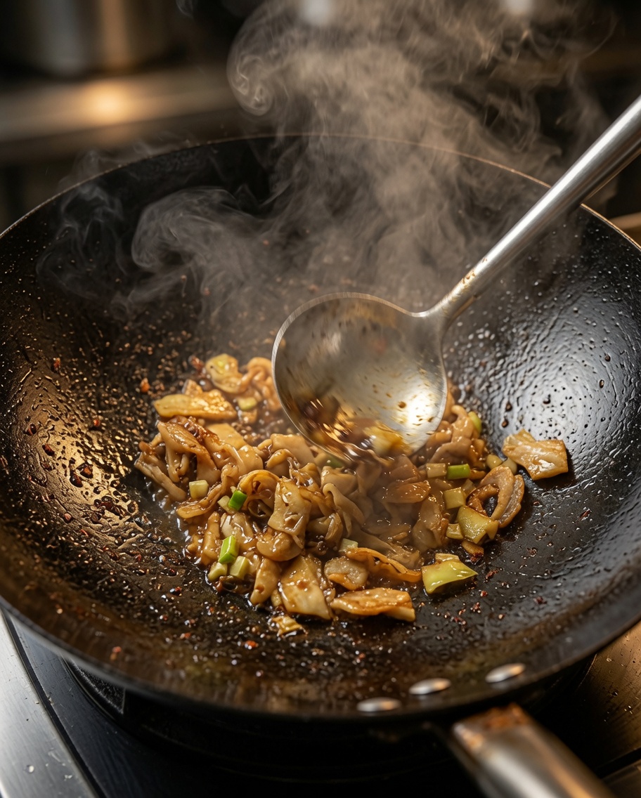 Frische Kartoffelstreifen werden in den Wok zu dem angebratenen Fleisch und den Aromen gegeben.