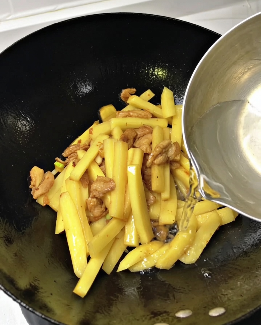 Wasser wird mit einer Schöpfkelle in einen Wok mit Kartoffeln und Schweinefleisch gegossen.