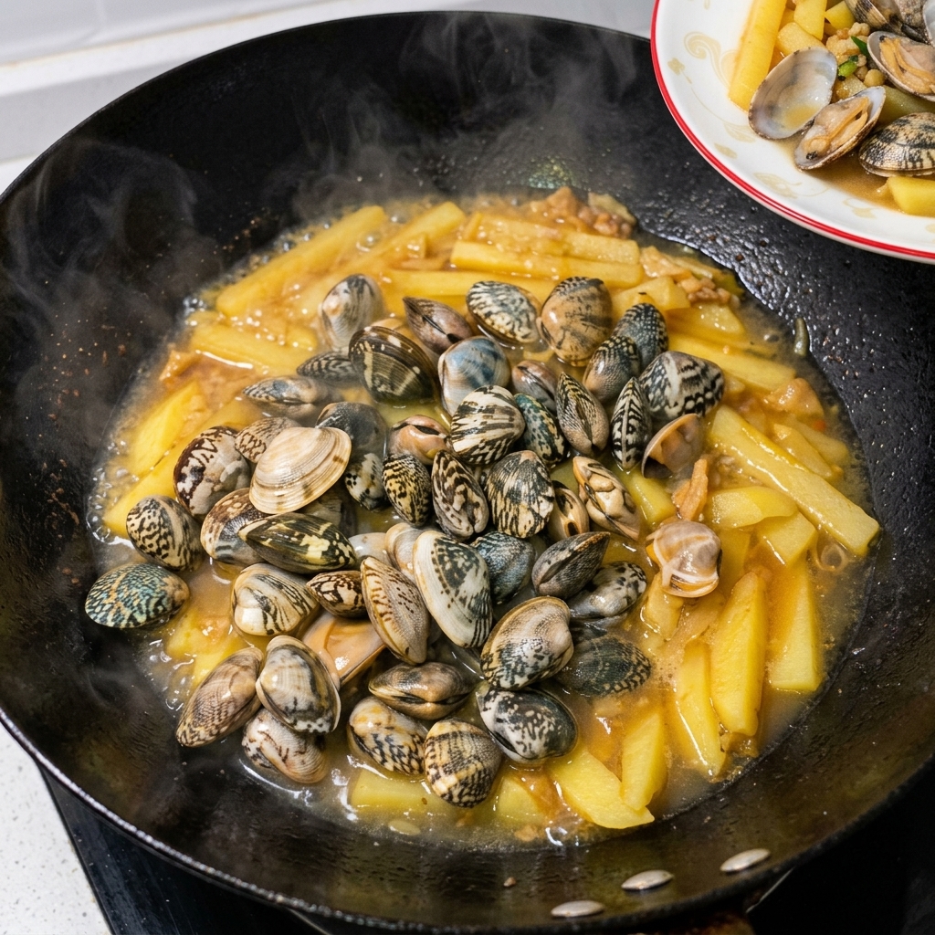 Frische Muscheln werden in den Wok zu den weichen Kartoffeln und der Flüssigkeit gegeben.