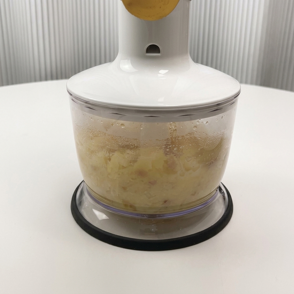Gekochte Kartoffeln und Brühe werden im Mixer püriert.