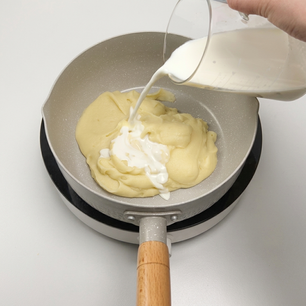 Milch wird zum Kartoffelpüree in die Pfanne gegeben.