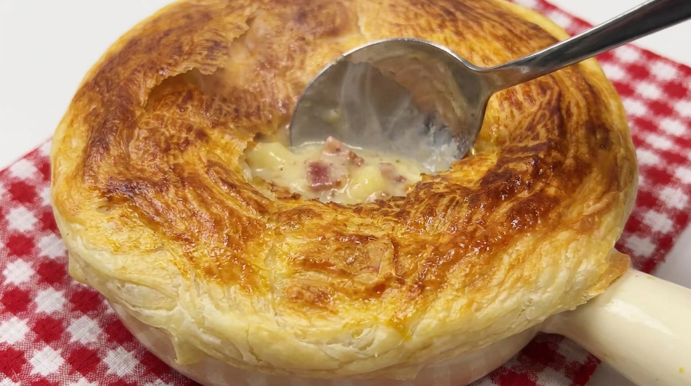 Cremige Speck-Kartoffel-Suppe im Blätterteigmantel