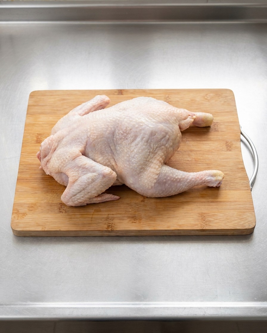 Ein ganzes Huhn liegt auf einem Holzschneidebrett, bereit, in Stücke zerlegt zu werden.