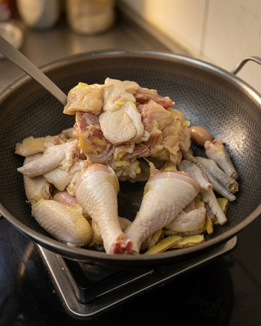 Hühnerstücke werden zusammen mit Ingwer im Wok angebraten, wobei das Fleisch undurchsichtig wird und zu bräunen beginnt.