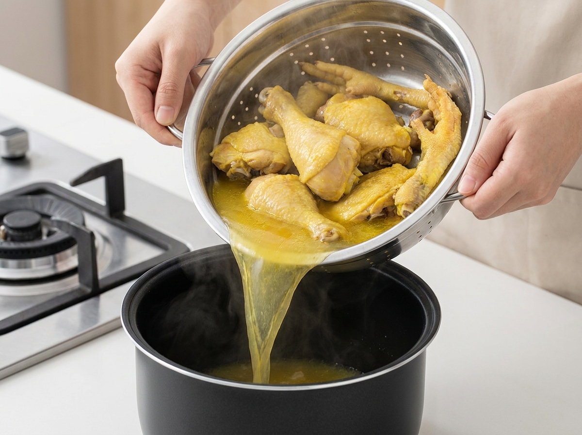 Das angebratene Huhn mit Ingwer wird aus einem Sieb in einen Schnellkochtopf umgefüllt.