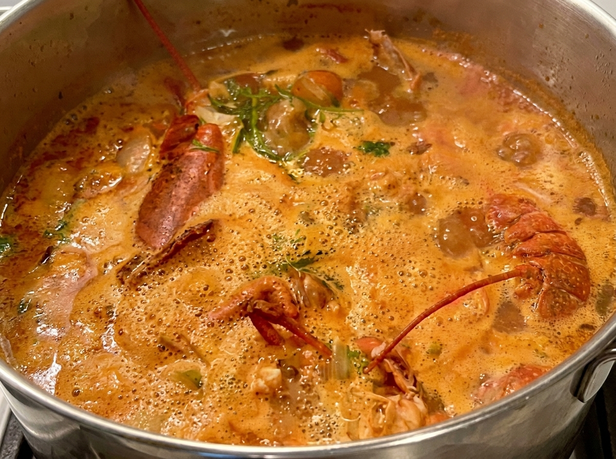 Eine dunkle Keramikschale mit cremiger oranger Suppe, bedeckt von weißem Schaum und schwarzen Trüffelscheiben.