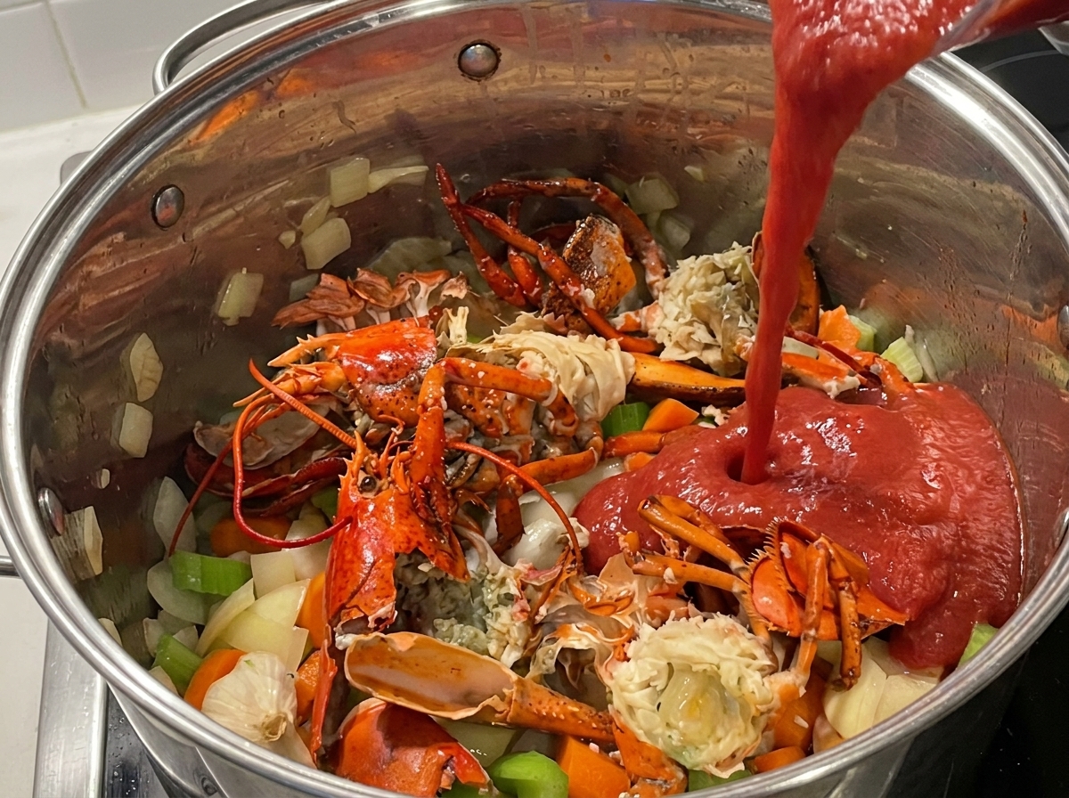 Rotes Tomatenmark wird in einen Topf mit gerösteten Hummer-Schalen und Gemüse gegossen.