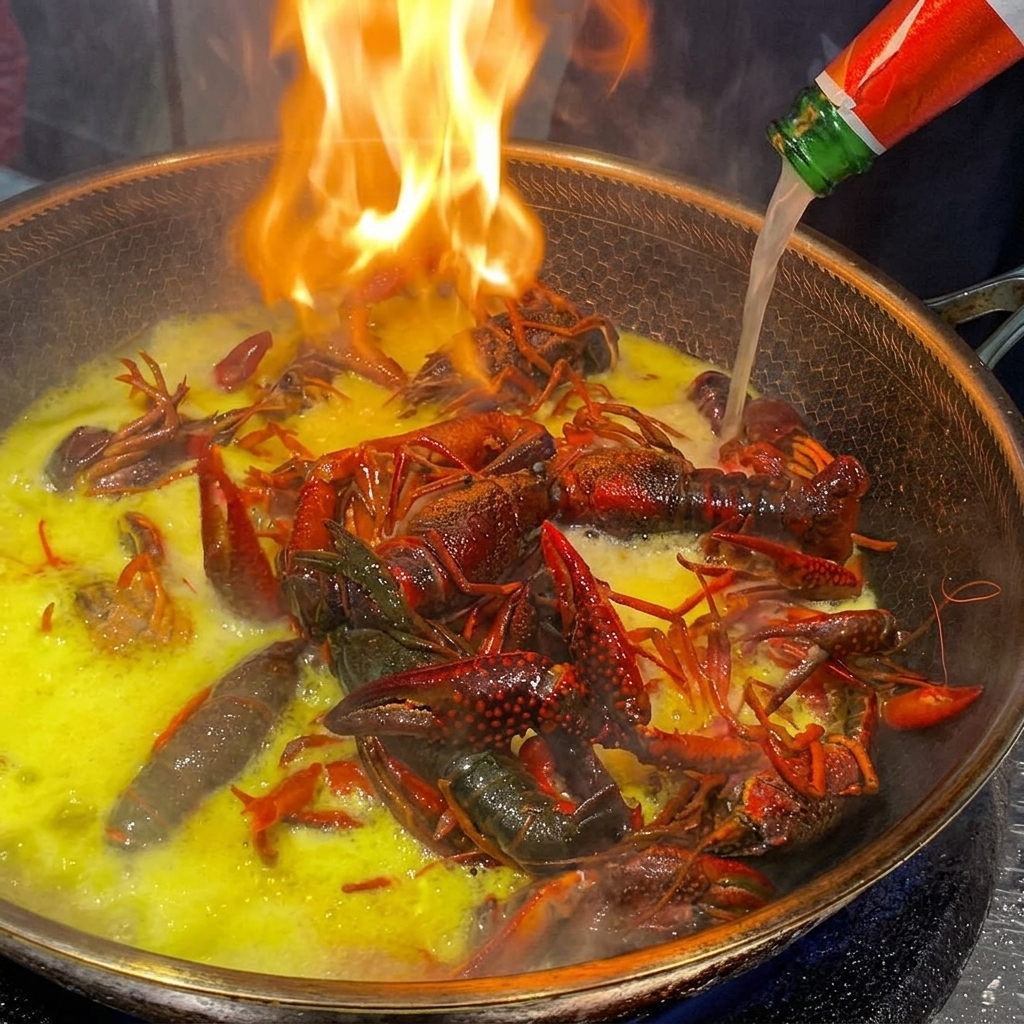 Bier wird aus einer grünen Flasche in einen brennenden Wok voller Flusskrebse gegossen.