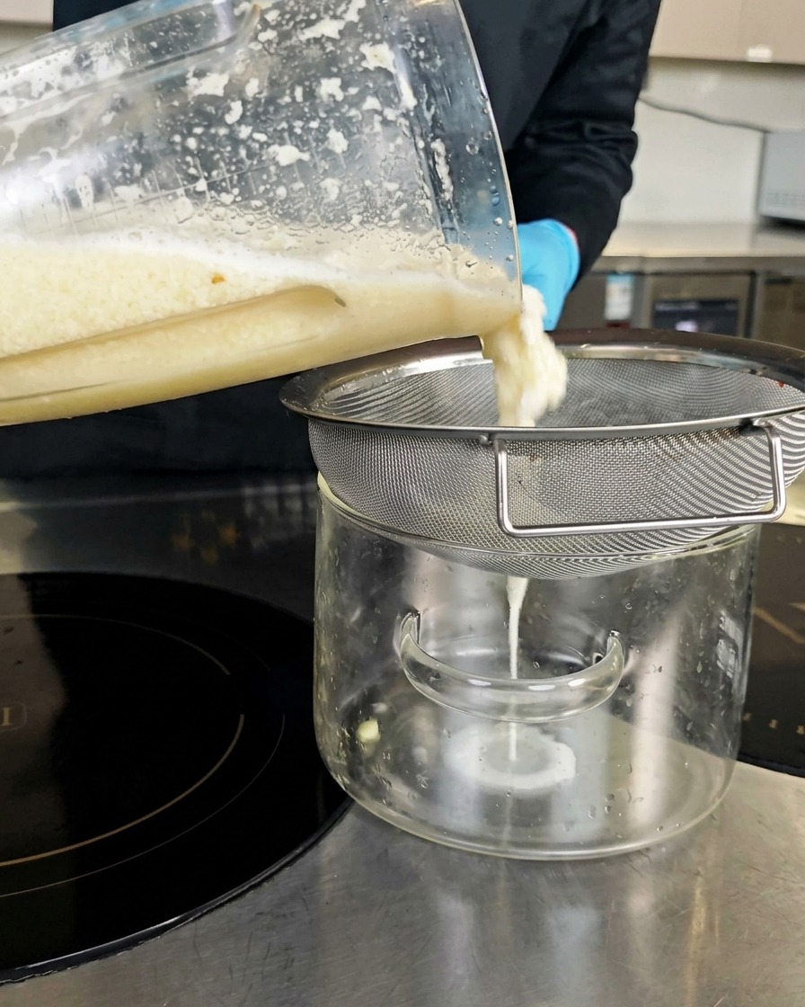 Die gemixte Knoblauchmischung wird durch ein Metallsieb in einen Topf gegossen.