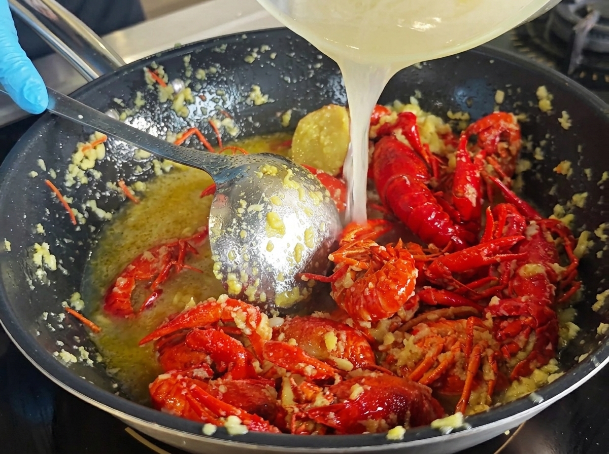 Knoblaucharomatische Flüssigkeit wird in den Wok gegossen.