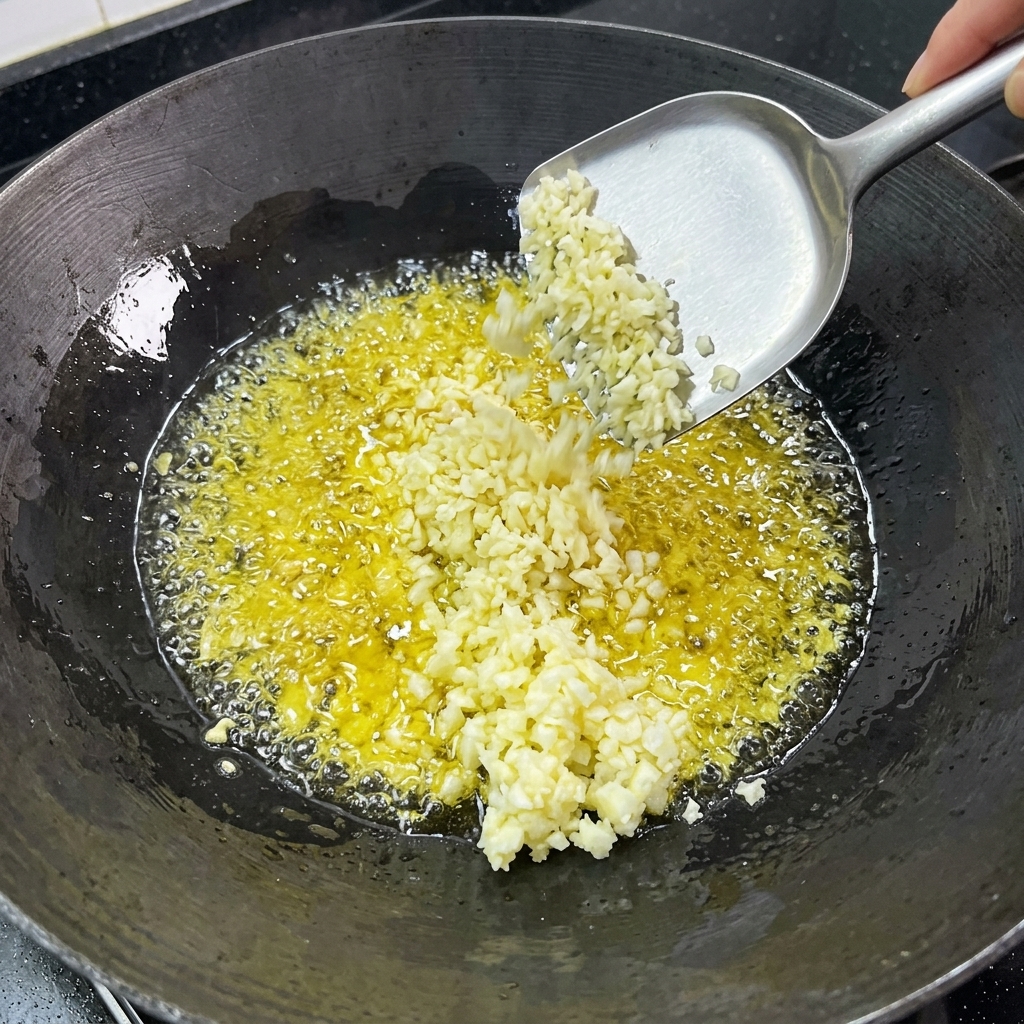 Gehackter Knoblauch wird in heißem Öl in einem Wok gebraten.