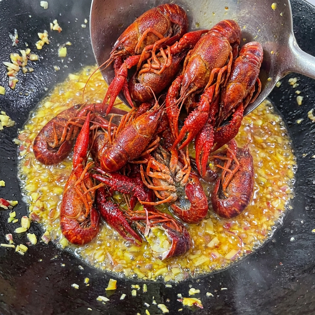 Die blanchierten Flusskrebse werden mit der Knoblauch-Chili-Basis im Wok vermengt.