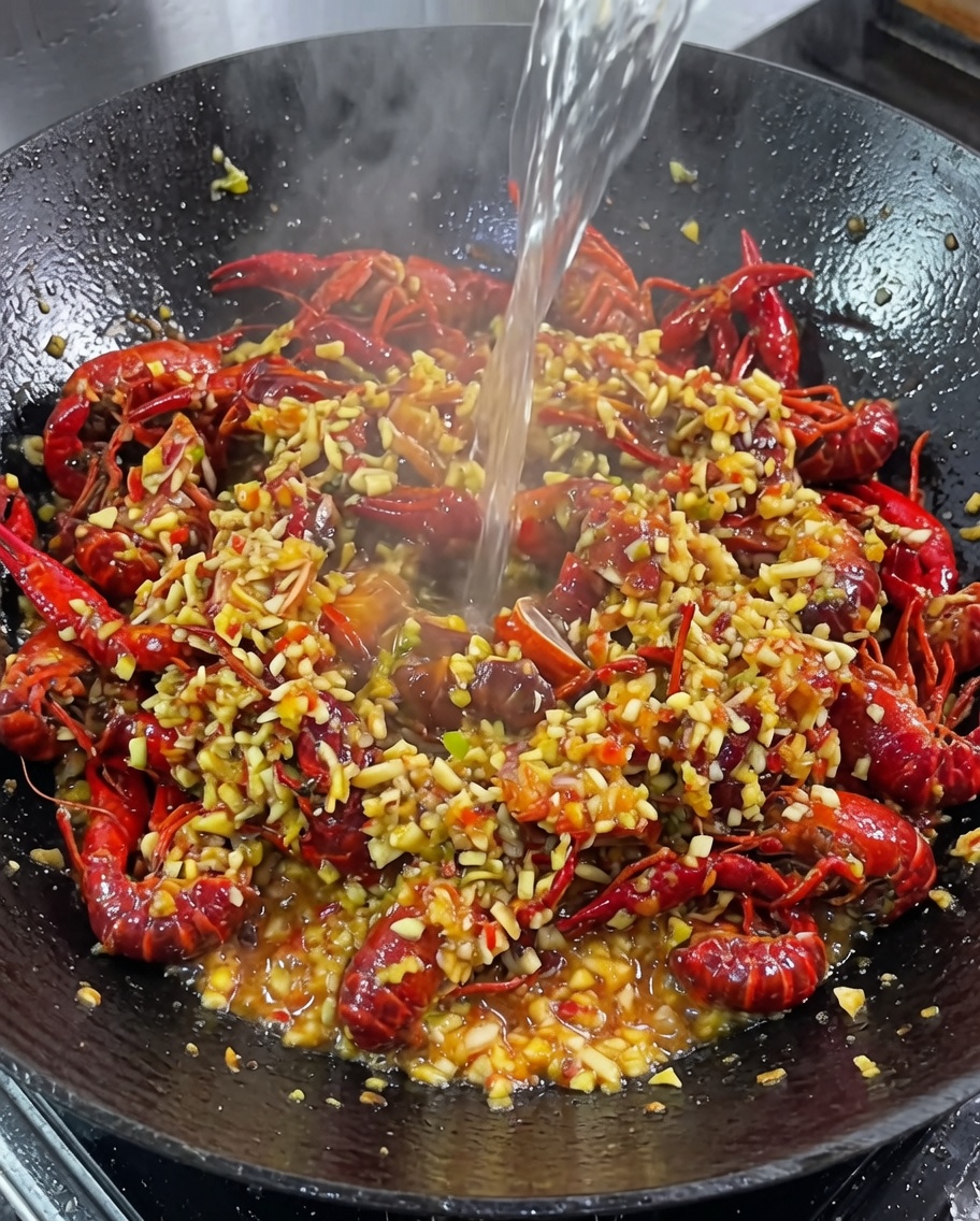 Bier und Wasser werden in den Wok zu den Flusskrebsen und der Sauce gegossen.