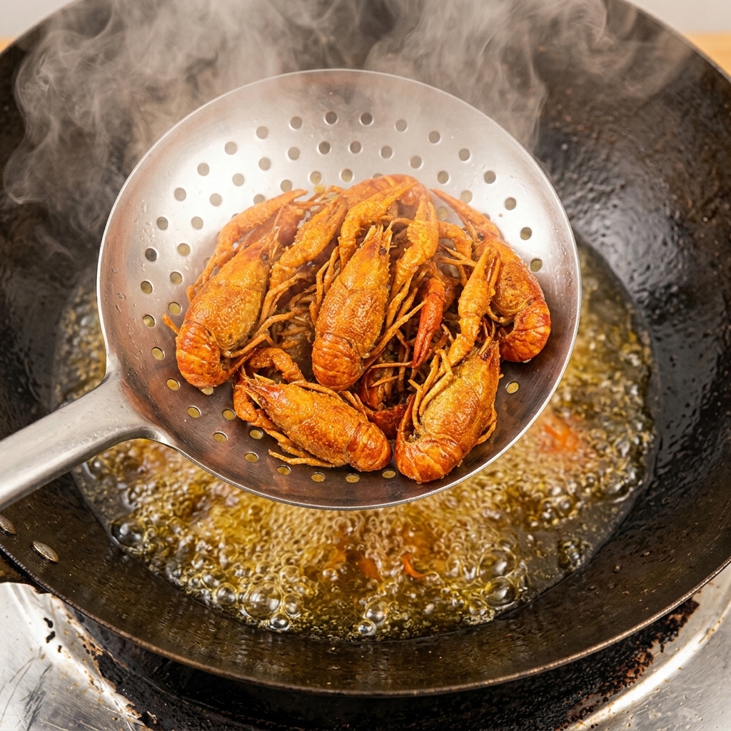 Tiefgekühlte Flusskrebse werden mit einem Schaumlöffel aus sprudelnd heißem Öl im Wok gehoben.