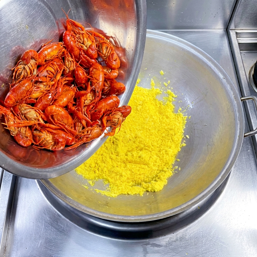 Vorgebratene orangefarbene Flusskrebse werden in einen Wok mit gegartem Knoblauch gegeben.