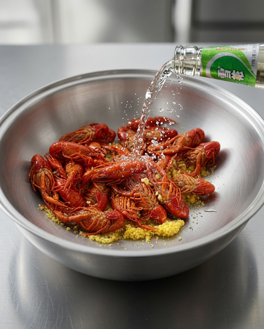 Klare Flüssigkeit wird aus einer grünen Glasflasche über rote Flusskrebse und gelben Knoblauch im Wok gegossen.