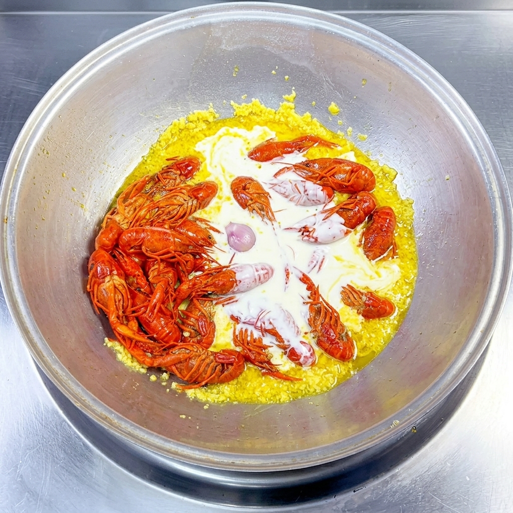 Weiße Milch wird in den Wok gegossen und vermischt sich mit roten Flusskrebsen und gelbem Knoblauch.