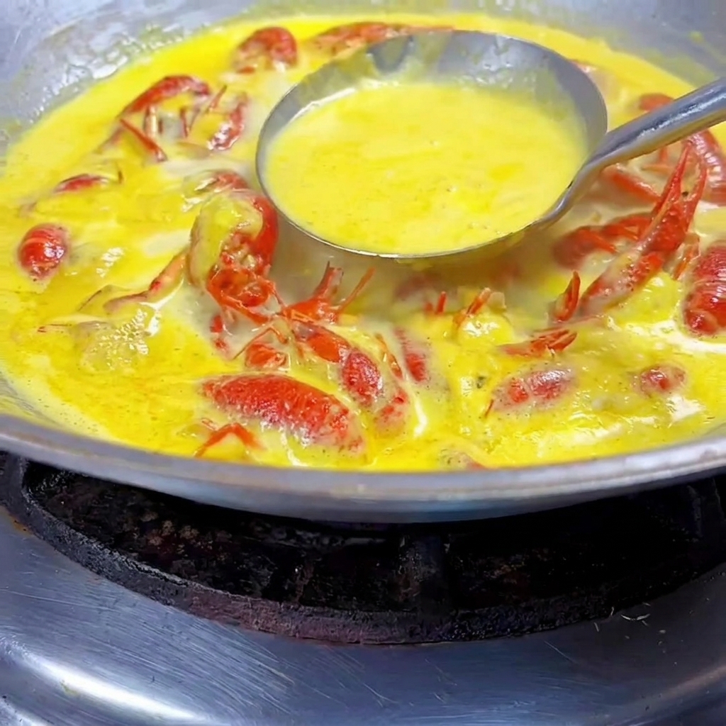 Eine Schöpfkelle rührt eine dicke, leuchtend gelbe cremige Sauce in einem großen Wok mit gegarten Flusskrebsen.