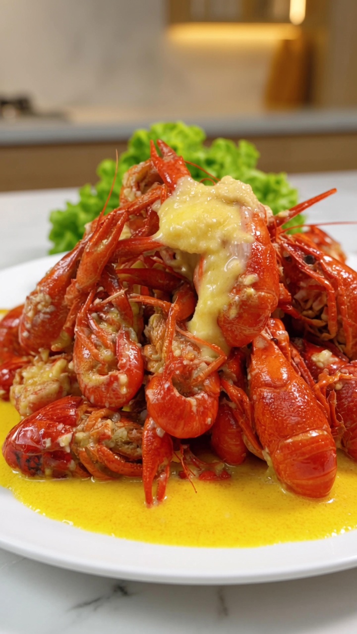 Ein Haufen leuchtend roter, gekochter Flusskrebse in einer cremigen, goldgelben Sauce, angerichtet mit frischen Salatblättern.