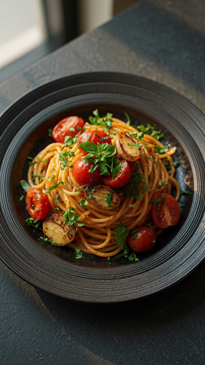 Eine gourmetartige Anrichtung von Spaghetti, verfeinert mit Kirschtomaten und geröstetem Knoblauch, garniert mit frischen grünen Kräutern.