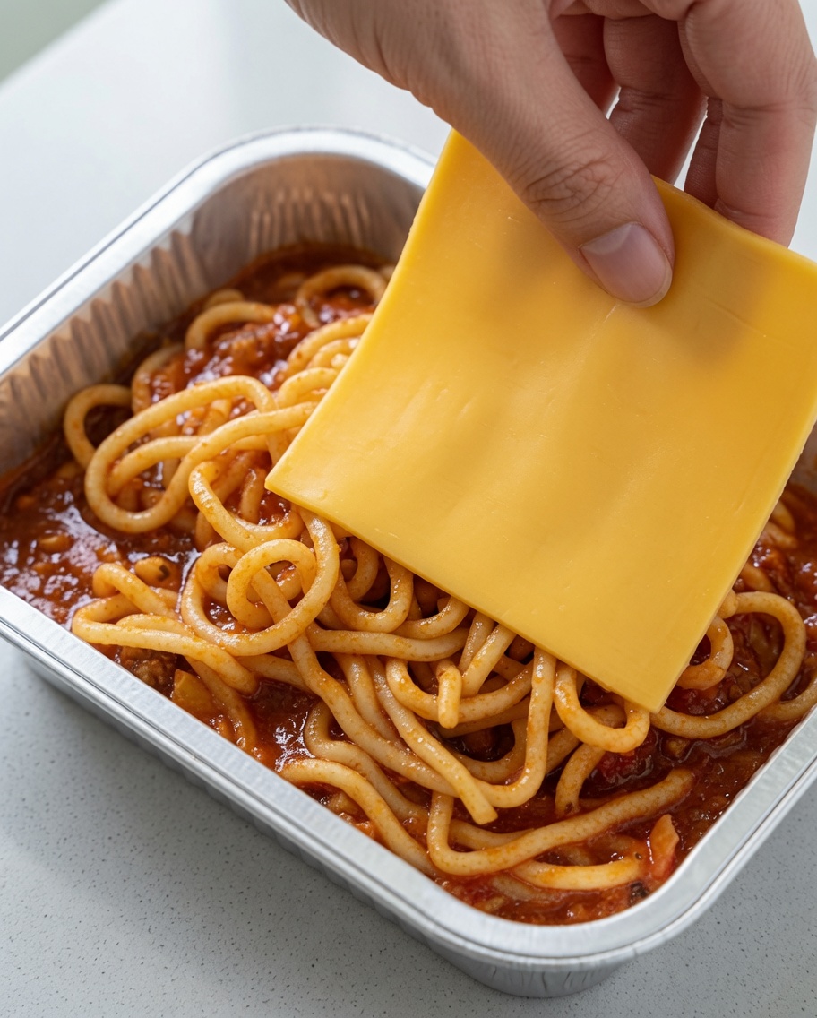 Zwei quadratische Scheiben gelber Käse liegen auf den mit Sauce bedeckten Spaghetti in der Pfanne.