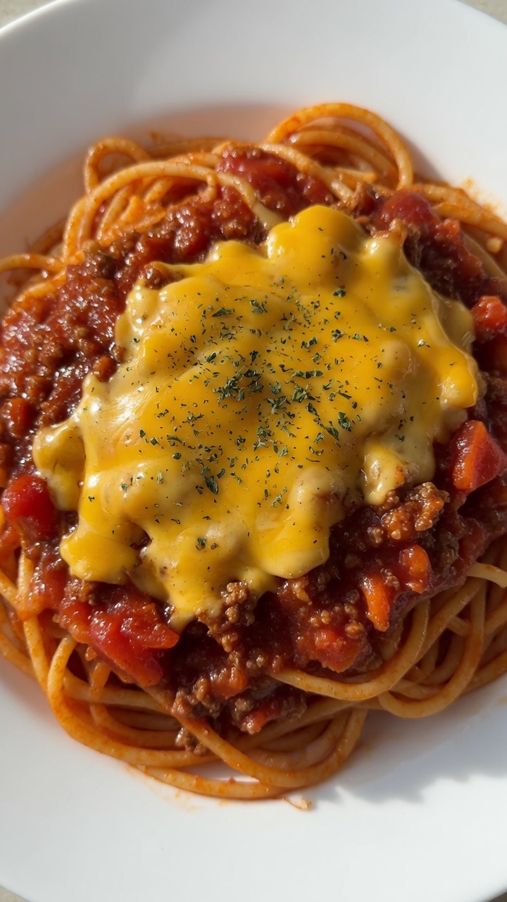 Knoblauch-Butter-Spaghetti mit Hackfleischsauce und Käse